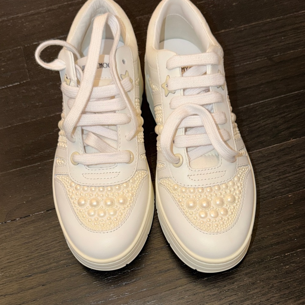 Jimmy Choo White Pearl Embellished Sneakers